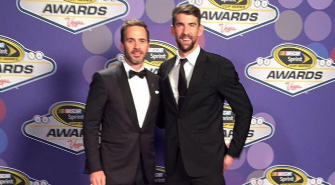 Michael Phelps introduces Jimmie Johnson at Sprint Cup Awards