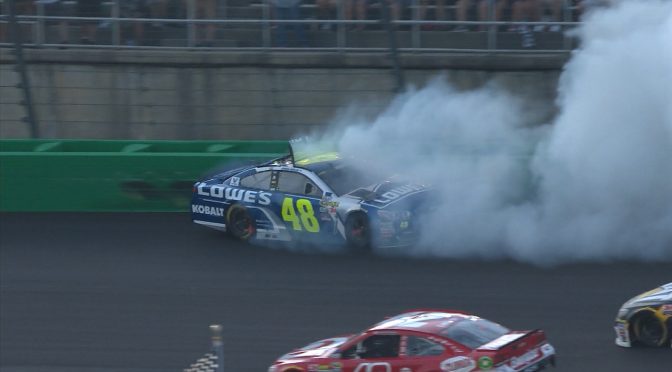 Featured image for Jimmie Johnson spins, wrecks early at Kentucky