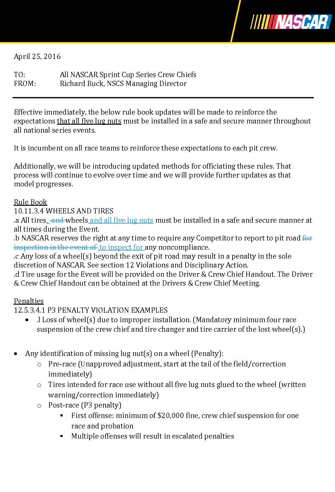 Rules update NASCAR reinforces five lug nuts Official Site Of NASCAR