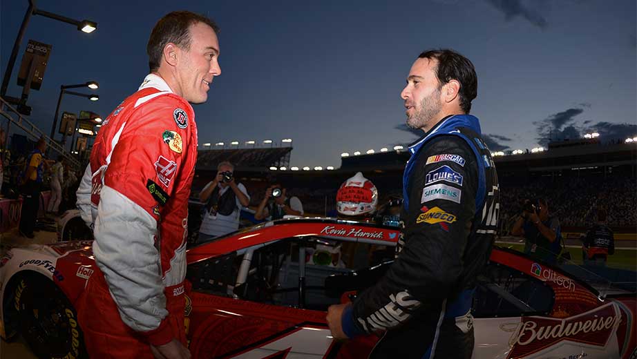Kevin Harvick and Jimmie Johnson speak on pit road