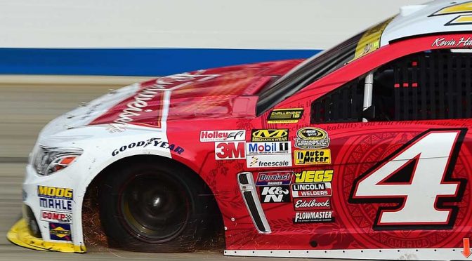 Harvick loses left front after dominating day