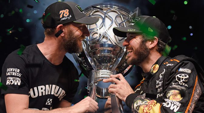 Rock star in racing: Furniture Row’s Cole Pearn drums to his own beat atop pit box