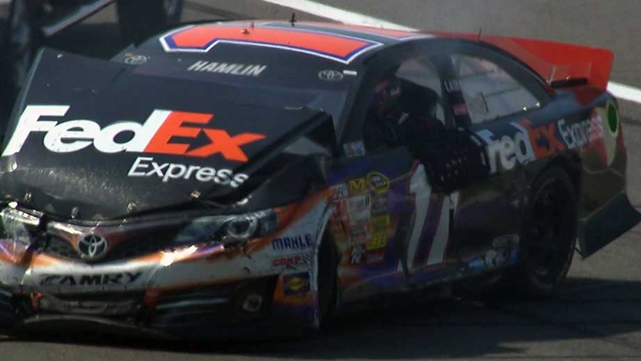 Logano and Hamlin Crash at Auto Club Speedway in 2013