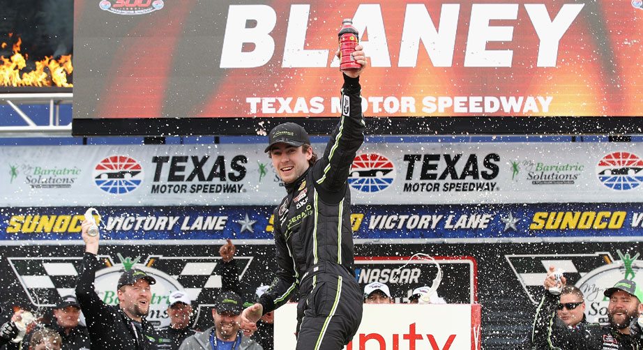Ryan Blaney celebrates winning the Xfinity Series race in Texas.