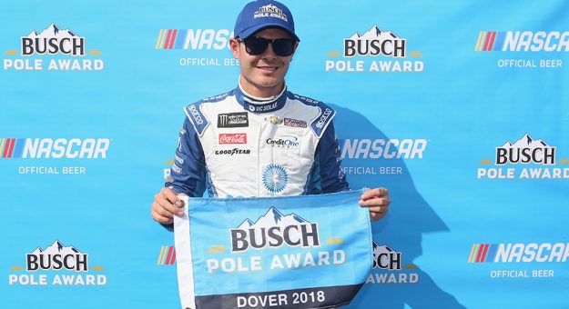 Kyle Larson, driver of the No. 42 DC Solar Chevrolet, poses with the Busch Pole award.