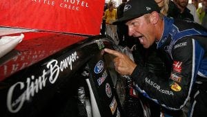 Clint Bowyer points to his second winner's sticker of 2018.