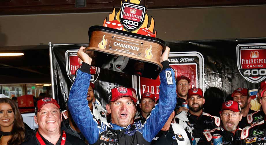 Clint Bowyer celebrates Michigan win