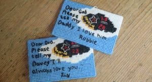 Embroidered note from Robbie Allison to his dad