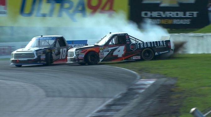 Featured image for Teammates Gilliland, Gragson wreck in final corner; ‘I’d go fight him’