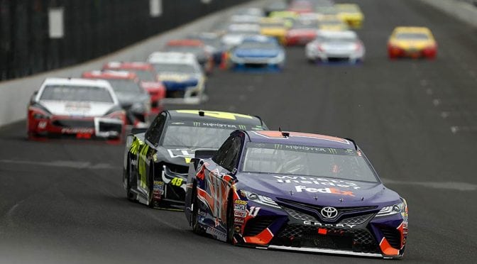 Denny Hamlin denied Brickyard win after late yellow, Keselowski surge