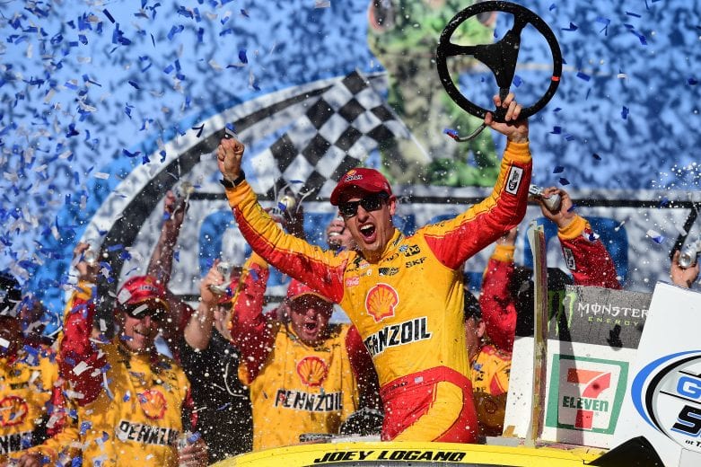 TALLADEGA, AL - APRIL 29:  Joey Logano, driver of the #22 Shell Pennzoil/Autotrader Ford, celebrates in Victory Lane after winning the Monster Energy NASCAR Cup Series GEICO 500 at Talladega Superspeedway on April 29, 2018 in Talladega, Alabama.  (Photo by Jared C. Tilton/Getty Images) | Getty Images