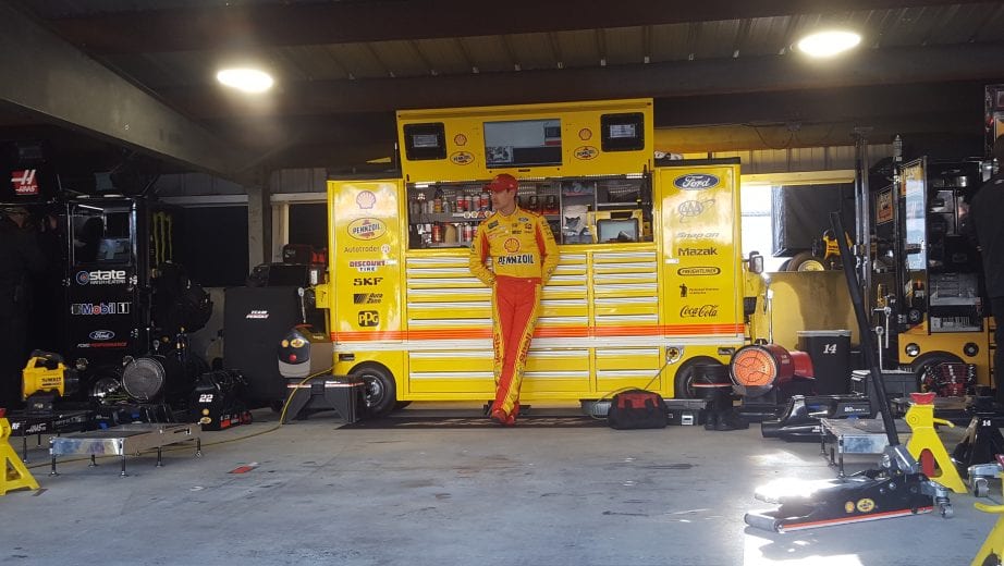 Joey Logano in the garage