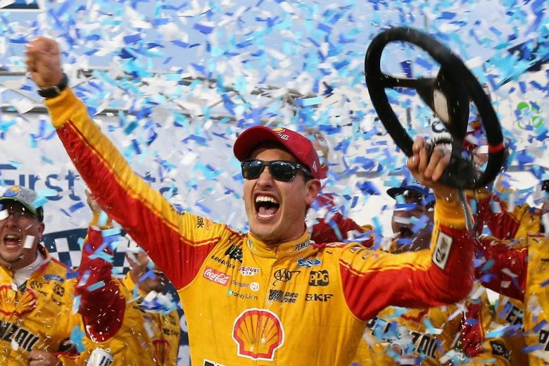 MARTINSVILLE, VA - OCTOBER 28:  Joey Logano, driver of the #22 Shell Pennzoil Ford, celebrates in Victory Lane after winning the Monster Energy NASCAR Cup Series First Data 500 at Martinsville Speedway on October 28, 2018 in Martinsville, Virginia.  (Photo by Brian Lawdermilk/Getty Images) | Getty Images
