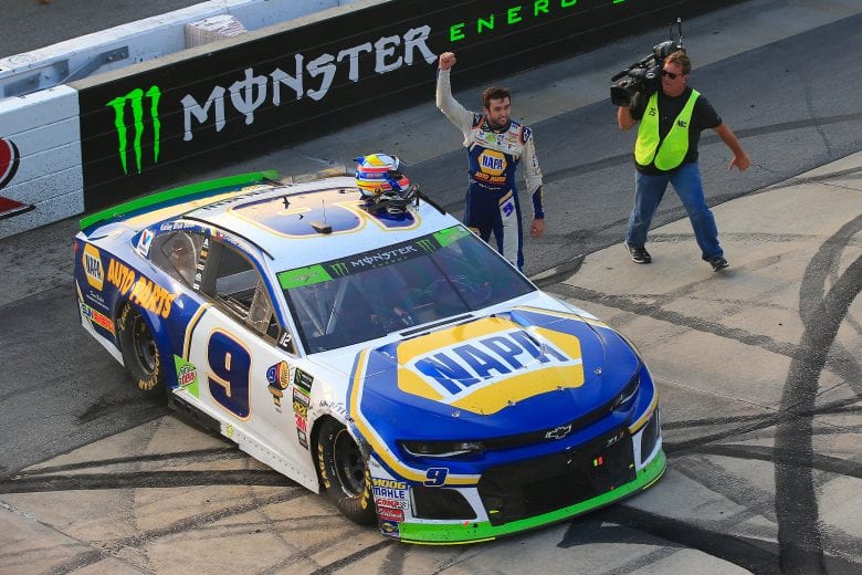 DOVER, DE - OCTOBER 07:  Chase Elliott, driver of the #9 NAPA Auto Parts Chevrolet, celebrates winning the Monster Energy NASCAR Cup Series Gander Outdoors 400 at Dover International Speedway on October 7, 2018 in Dover, Delaware.  (Photo by Chris Trotman/Getty Images) | Getty Images