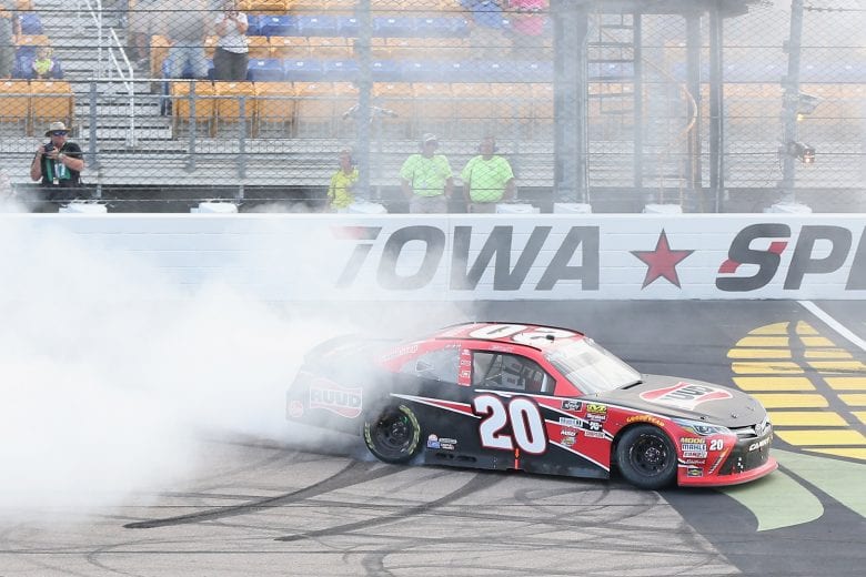 NEWTON, IA - JULY 28:  Christopher Bell, driver of the #20 Ruud Toyota, celebrates with a burnout after winning the NASCAR Xfinity Series U.S. Cellular 250 presented by The Rasmussen Group at Iowa Speedway on July 28, 2018 in Newton, Iowa.  (Photo by Matt Sullivan/Getty Images) | Getty Images