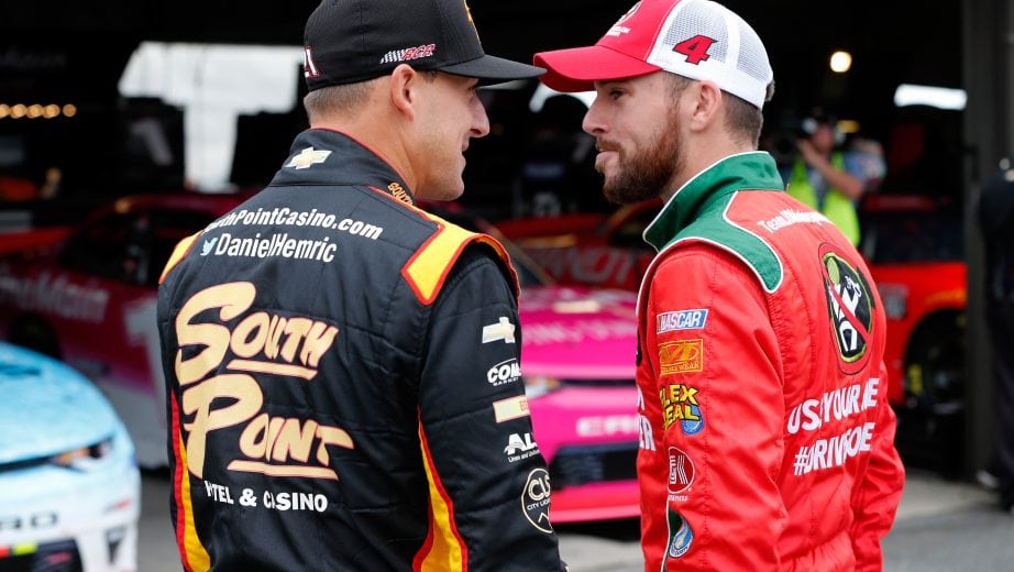 DOVER, DE - OCTOBER 05: Daniel Hemric, driver of the #21 South Point Hotel & Casino Chevrolet, speaks with Ross Chastain, driver of the #4 DE Office of Hwy. Safety Use Your Melon Chevrolet, during practice for the NASCAR Xfinity Series Bar Harbor 200 presented by Sea Watch International at Dover International Speedway on October 5, 2018 in Dover, Delaware. (Photo by Brian Lawdermilk/Getty Images) | Getty Images