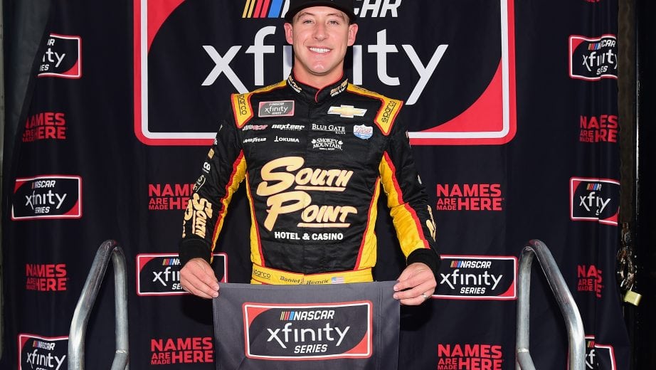 DOVER, DE - OCTOBER 06: Daniel Hemric, driver of the #21 South Point Hotel & Casino Chevrolet, poses with the Xfinity Pole Award after posting the fastest lap during qualifying for the NASCAR Xfinity Series Bar Harbor 200 presented by Sea Watch International at Dover International Speedway on October 6, 2018 in Dover, Delaware. (Photo by Jared C. Tilton/Getty Images) | Getty Images