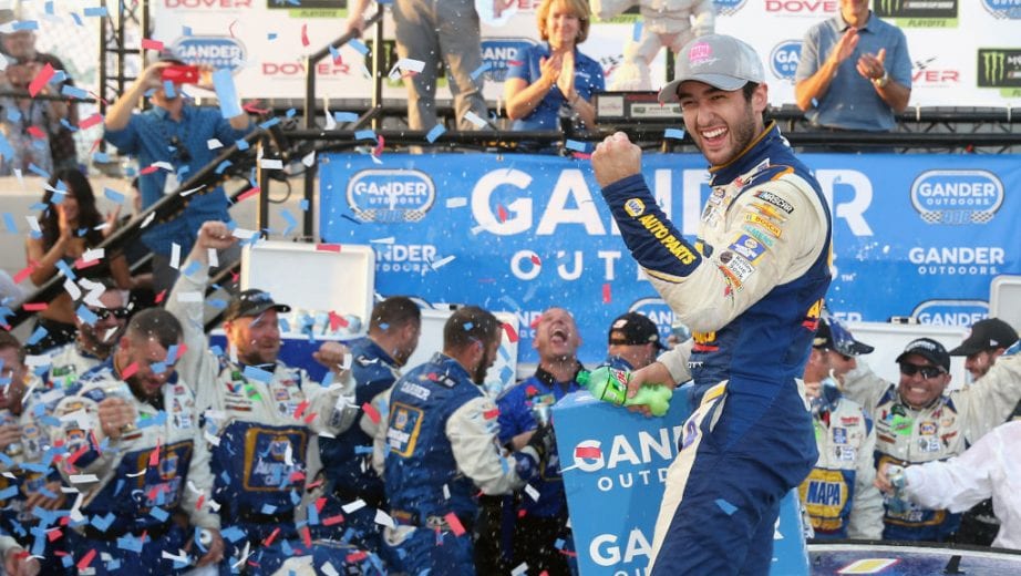 DOVER, DE - OCTOBER 07: Chase Elliott, driver of the #9 NAPA Auto Parts Chevrolet, celebrates in Victory Lane after winning the Monster Energy NASCAR Cup Series Gander Outdoors 400 at Dover International Speedway on October 7, 2018 in Dover, Delaware. (Photo by Brian Lawdermilk/Getty Images) | Getty Images
