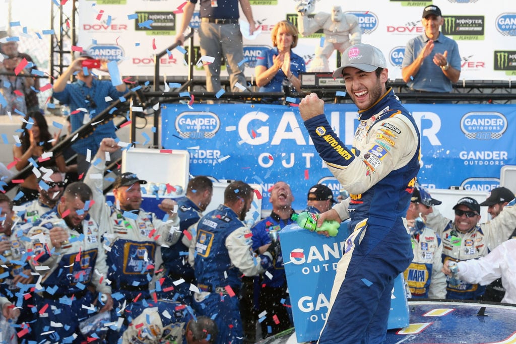DOVER, DE - OCTOBER 07:  Chase Elliott, driver of the #9 NAPA Auto Parts Chevrolet, celebrates in Victory Lane after winning the Monster Energy NASCAR Cup Series Gander Outdoors 400 at Dover International Speedway on October 7, 2018 in Dover, Delaware.  (Photo by Brian Lawdermilk/Getty Images) | Getty Images
