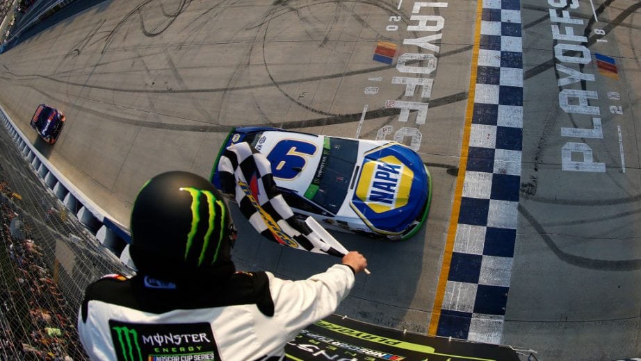 DOVER, DE - OCTOBER 07: Chase Elliott, driver of the #9 NAPA Auto Parts Chevrolet, takes the checkered flag to win the Monster Energy NASCAR Cup Series Gander Outdoors 400 at Dover International Speedway on October 7, 2018 in Dover, Delaware. (Photo by Chris Trotman/Getty Images) | Getty Images