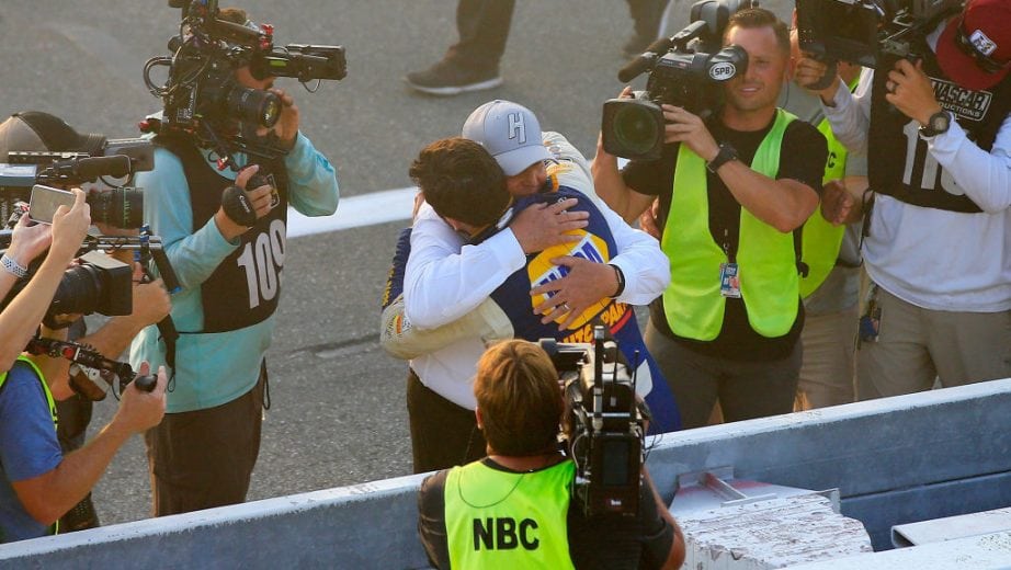 DOVER, DE - OCTOBER 07: Chase Elliott, driver of the #9 NAPA Auto Parts Chevrolet, celebrates with team owner and NASCAR Hall of Famer Rick Hendrick after winning the Monster Energy NASCAR Cup Series Gander Outdoors 400 at Dover International Speedway on October 7, 2018 in Dover, Delaware. (Photo by Chris Trotman/Getty Images) | Getty Images