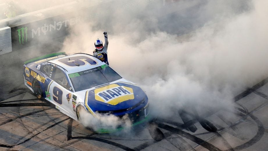 DOVER, DE - OCTOBER 07: Chase Elliott, driver of the #9 NAPA Auto Parts Chevrolet, celebrates winning the Monster Energy NASCAR Cup Series Gander Outdoors 400 at Dover International Speedway on October 7, 2018 in Dover, Delaware. (Photo by Chris Trotman/Getty Images) | Getty Images