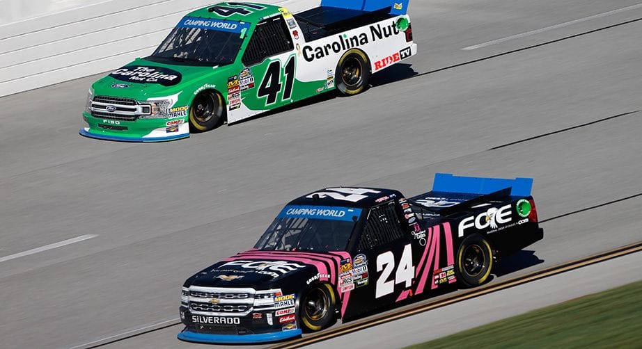 Justin Haley and Ben Rhodes race during practice at Talladega.