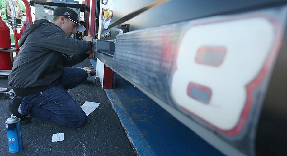 John Hunter Nemechek goes to work on his No. 8 truck at Talladega.