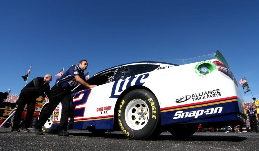 TALLADEGA, AL - OCTOBER 13:  Brad Keselowski, driver of the #2 Miller Lite Ford, his car pushed into the garagge during practice for the Monster Energy NASCAR Cup Series 1000Bulbs.com 500 at Talladega Superspeedway on October 13, 2018 in Talladega, Alabama.  (Photo by Brian Lawdermilk/Getty Images) | Getty Images