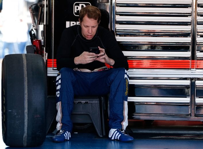 TALLADEGA, AL - OCTOBER 13:  Brad Keselowski, driver of the #2 Miller Lite Ford, sits in the garage during practice for the Monster Energy NASCAR Cup Series 1000Bulbs.com 500 at Talladega Superspeedway on October 13, 2018 in Talladega, Alabama.  (Photo by Brian Lawdermilk/Getty Images) | Getty Images