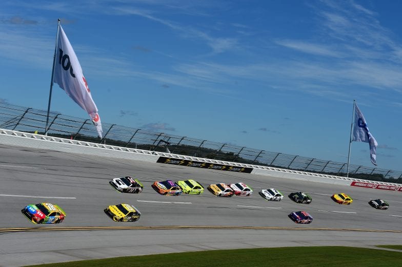 TALLADEGA, AL - OCTOBER 13:  Kyle Busch, driver of the #18 M&M's Toyota, leads a pack of cars during practice for the Monster Energy NASCAR Cup Series 1000Bulbs.com 500 at Talladega Superspeedway on October 13, 2018 in Talladega, Alabama.  (Photo by Jared C. Tilton/Getty Images) | Getty Images