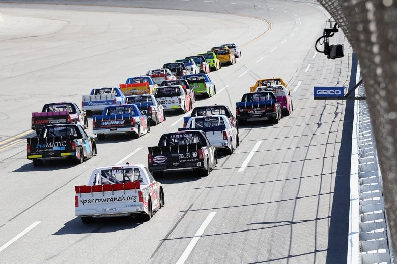TALLADEGA, AL - OCTOBER 13:  Scott Lagasse Jr., driver of the #30 Strutmasters.com Toyota, follows a pack of trucks to turn one during the NASCAR Camping World Truck Series Fr8Auctions 250 at Talladega Superspeedway on October 13, 2018 in Talladega, Alabama.  (Photo by Matt Sullivan/Getty Images) | Getty Images