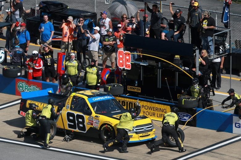 TALLADEGA, AL - OCTOBER 13:  Grant Enfinger, driver of the #98 Champion Power Equipment/Curb Records Ford, pits during the NASCAR Camping World Truck Series Fr8Auctions 250 at Talladega Superspeedway on October 13, 2018 in Talladega, Alabama.  (Photo by Sean Gardner/Getty Images) | Getty Images