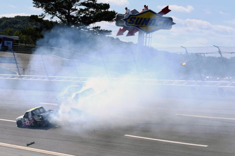 TALLADEGA, AL - OCTOBER 13:  Johnny Sauter, driver of the #21 ISM Connect Chevrolet, is involved in an on-track incident during the NASCAR Camping World Truck Series Fr8Auctions 250 at Talladega Superspeedway on October 13, 2018 in Talladega, Alabama.  (Photo by Josh Hedges/Getty Images) | Getty Images
