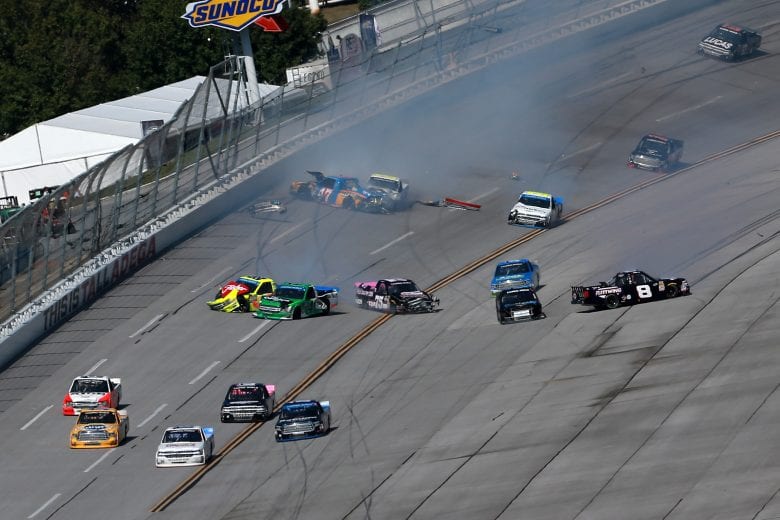 TALLADEGA, AL - OCTOBER 13:  An on-track incident takes place during the NASCAR Camping World Truck Series Fr8Auctions 250 at Talladega Superspeedway on October 13, 2018 in Talladega, Alabama.  (Photo by Sean Gardner/Getty Images) | Getty Images