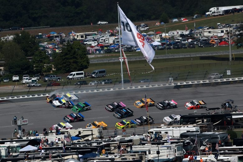 TALLADEGA, AL - OCTOBER 13:  An on-track incident takes place during the NASCAR Camping World Truck Series Fr8Auctions 250 at Talladega Superspeedway on October 13, 2018 in Talladega, Alabama.  (Photo by Sean Gardner/Getty Images) | Getty Images