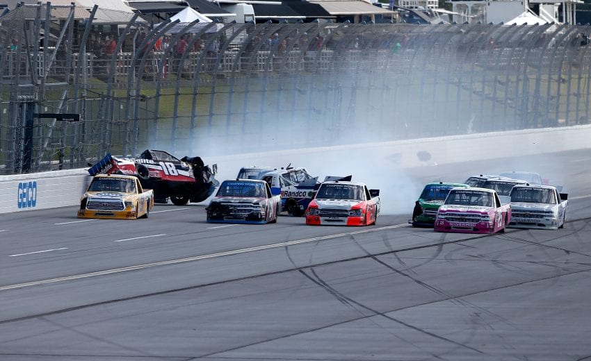 TALLADEGA, AL - OCTOBER 13:  Noah Gragson, driver of the #18 Safelite AutoGlass Toyota, is involved in an on-track incident on the final lap during the NASCAR Camping World Truck Series Fr8Auctions 250 at Talladega Superspeedway on October 13, 2018 in Talladega, Alabama.  (Photo by Brian Lawdermilk/Getty Images) | Getty Images