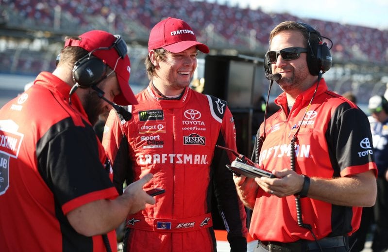 TALLADEGA, AL - OCTOBER 13:  Erik Jones, driver of the #20 Craftsman Toyota, talks with crew members during qualifying for the Monster Energy NASCAR Cup Series 1000Bulbs.com 500 at Talladega Superspeedway on October 13, 2018 in Talladega, Alabama.  (Photo by Matt Sullivan/Getty Images) | Getty Images