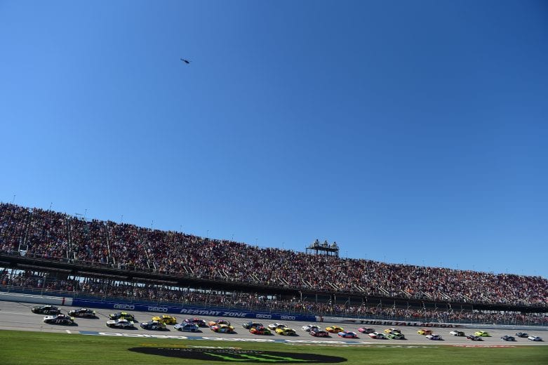 TALLADEGA, AL - OCTOBER 14:  Kurt Busch, driver of the #41 Monster Energy/Haas Automation Ford, and Clint Bowyer, driver of the #14 Cummins/Rush Truck Centers Ford, lead the field to the green flag to start the Monster Energy NASCAR Cup Series 1000Bulbs.com 500 at Talladega Superspeedway on October 14, 2018 in Talladega, Alabama.  (Photo by Jared C. Tilton/Getty Images) | Getty Images