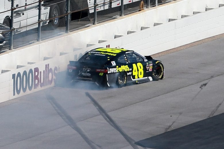 TALLADEGA, AL - OCTOBER 14:  Jimmie Johnson, driver of the #48 Lowe's for Pros Chevrolet, spins during the Monster Energy NASCAR Cup Series 1000Bulbs.com 500 at Talladega Superspeedway on October 14, 2018 in Talladega, Alabama.  (Photo by Sean Gardner/Getty Images) | Getty Images
