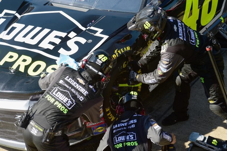 TALLADEGA, AL - OCTOBER 14:  Crew members work on the #48 Lowe's for Pros Chevrolet, driven by Jimmie Johnson, during the Monster Energy NASCAR Cup Series 1000Bulbs.com 500 at Talladega Superspeedway on October 14, 2018 in Talladega, Alabama.  (Photo by Jared C. Tilton/Getty Images) | Getty Images
