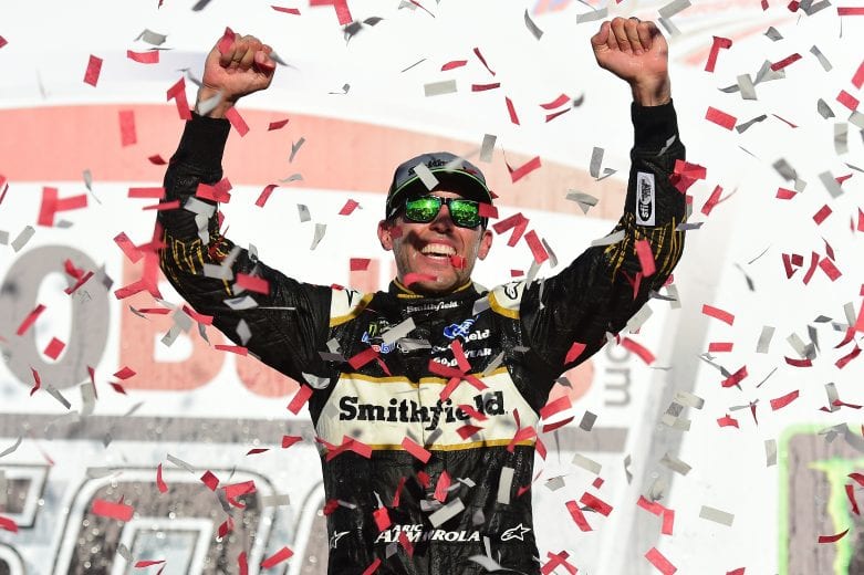 TALLADEGA, AL - OCTOBER 14:  Aric Almirola, driver of the #10 Smithfield Bacon for Life Ford, celebrates in victory lane after winning the Monster Energy NASCAR Cup Series 1000Bulbs.com 500 at Talladega Superspeedway on October 14, 2018 in Talladega, Alabama.  (Photo by Jared C. Tilton/Getty Images) | Getty Images
