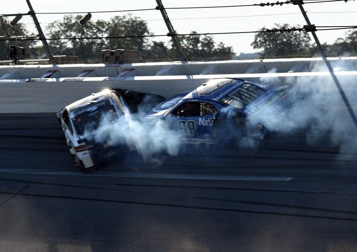 TALLADEGA, AL - OCTOBER 14:  Alex Bowman, driver of the #88 Nationwide Chevrolet, and JJ Yeley, driver of the #23 Steakhouse Elite Ford, are involved in an on-track incident during the Monster Energy NASCAR Cup Series 1000Bulbs.com 500 at Talladega Superspeedway on October 14, 2018 in Talladega, Alabama.  (Photo by Josh Hedges/Getty Images) | Getty Images