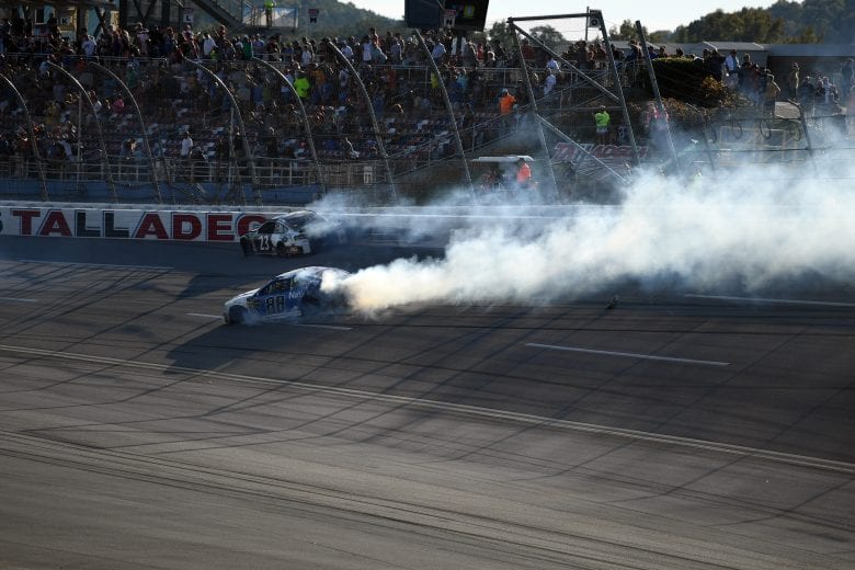 TALLADEGA, AL - OCTOBER 14:  Alex Bowman, driver of the #88 Nationwide Chevrolet, and JJ Yeley, driver of the #23 Steakhouse Elite Ford, are involved in an on-track incident during the Monster Energy NASCAR Cup Series 1000Bulbs.com 500 at Talladega Superspeedway on October 14, 2018 in Talladega, Alabama.  (Photo by Josh Hedges/Getty Images) | Getty Images