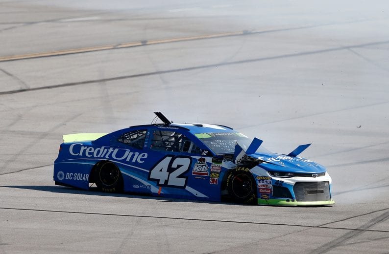 TALLADEGA, AL - OCTOBER 14:  Kyle Larson, driver of the #42 Credit One Bank Chevrolet, spins on the backstretch during the Monster Energy NASCAR Cup Series 1000Bulbs.com 500 at Talladega Superspeedway on October 14, 2018 in Talladega, Alabama.  (Photo by Brian Lawdermilk/Getty Images) | Getty Images