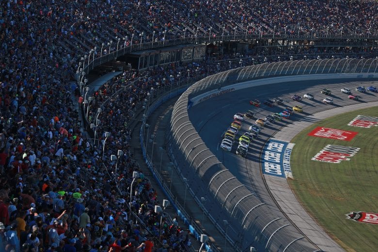 The pack makes its way through the trioval at Talladega Superspeedway.