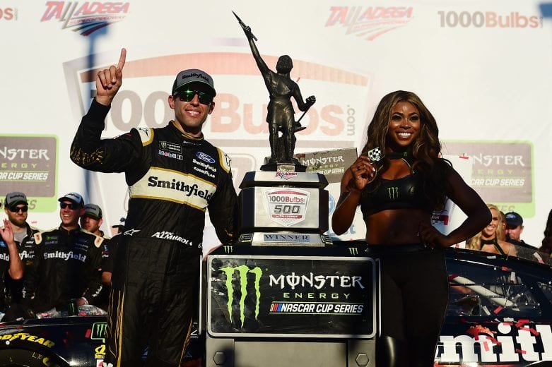 TALLADEGA, AL - OCTOBER 14:  Aric Almirola, driver of the #10 Smithfield Bacon for Life Ford, celebrates in victory lane after winning the Monster Energy NASCAR Cup Series 1000Bulbs.com 500 at Talladega Superspeedway on October 14, 2018 in Talladega, Alabama.  (Photo by Jared C. Tilton/Getty Images) | Getty Images