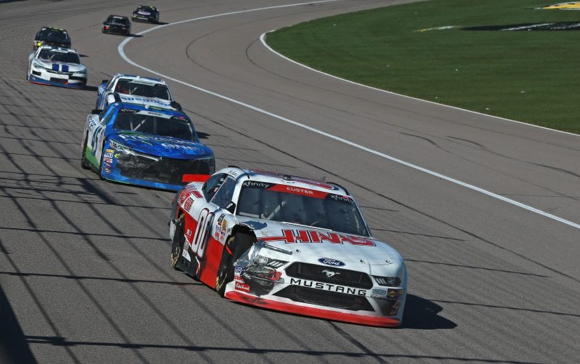 Cole Custer drives a damaged No. 00 Ford at Kansas.