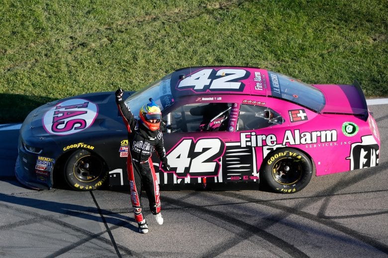 John Hunter Nemechek celebrates winning his first career Xfinity Series race.