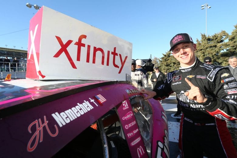 John Hunter Nemechek celebrates winning at Kansas.